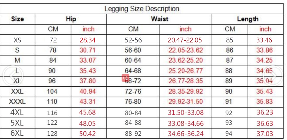 Leggings and Tank Top size chart